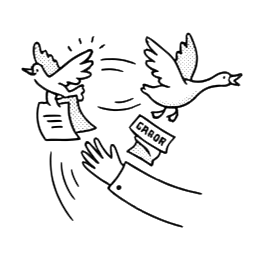Two geese flying off with letters